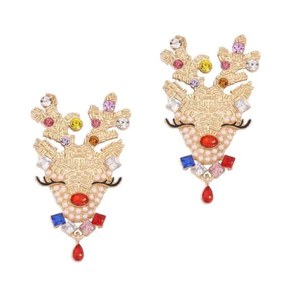 Christmas Reindeer Earrings with Colorful Rhinestones - Picture 2 of 3